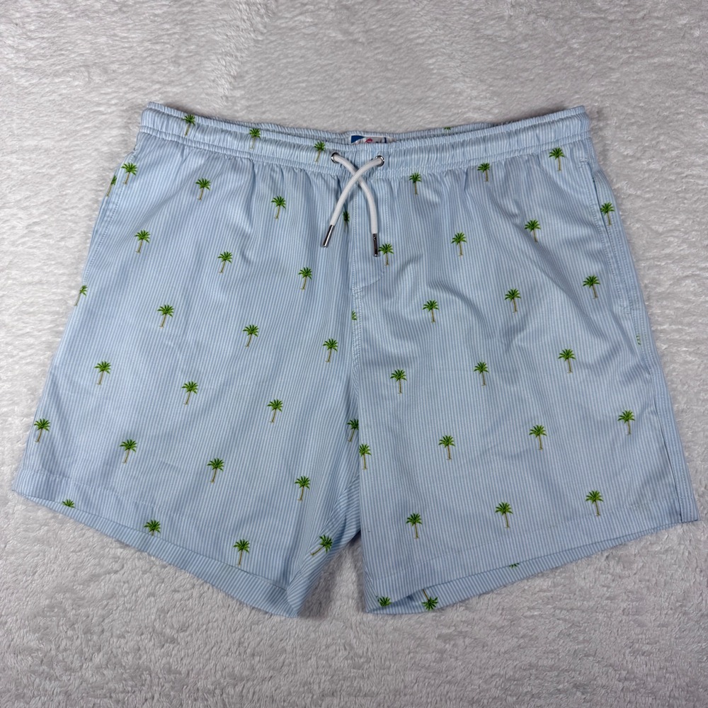 Bermies Swim Trunks Mens L Blue White Striped Palm Tree Stretch Mesh Lining